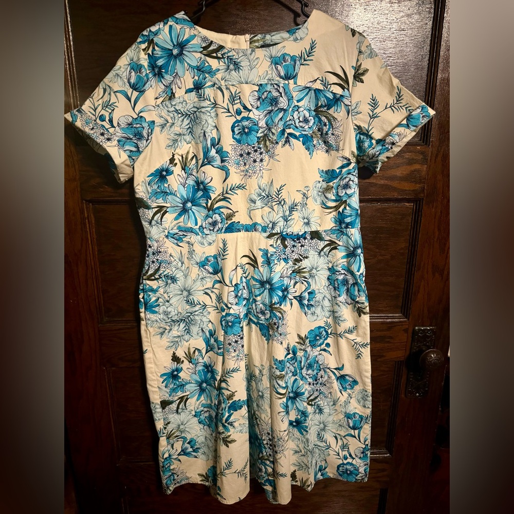 Vintage JEMMA Ivory and Teal Floral Midi Dress, Size 12